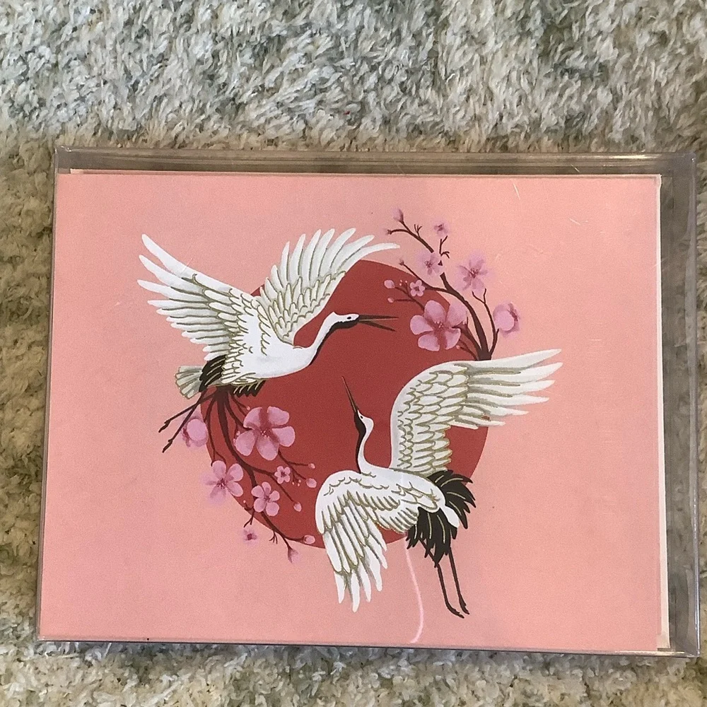 White Crane Red Moon Floral Boxed Note Cards Paper Source NWT set of 10